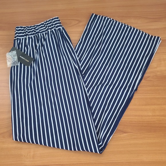 Robert Louis Wide Leg Navy & White Stripe Front Pockets Nautical Pant  Size M - Picture 1 of 8